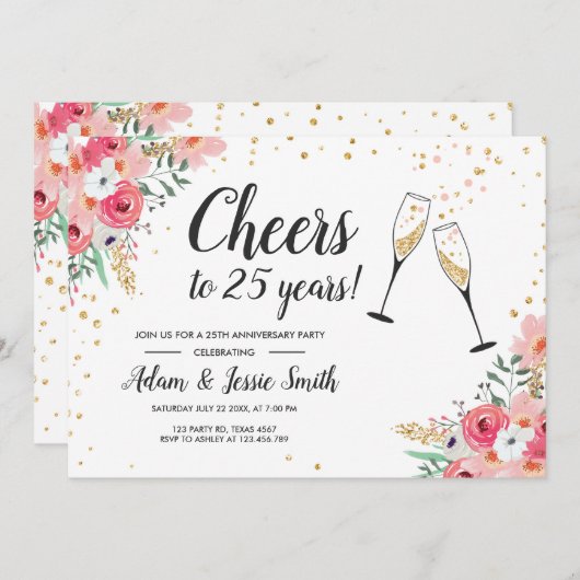 Rustikale 25. Hochzeit Anniversay Einladung Flora (Vorne/Hinten)