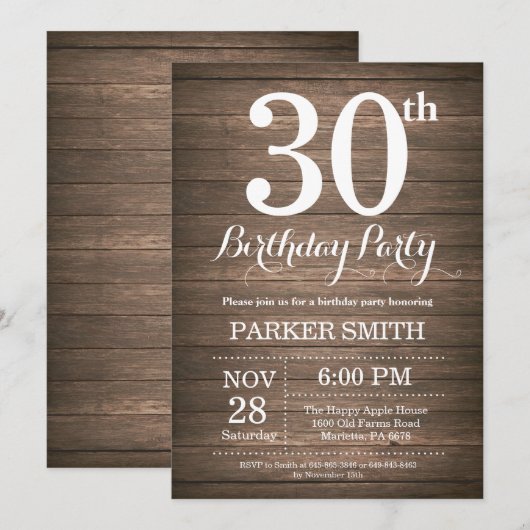 Rustikale 30. Geburtstagseinladung Einladung (Vorne/Hinten)