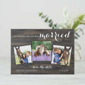 Rustikale 3-Foto--Haustiere Hochzeit Verlobung Save The Date (Stehend Vorderseite)