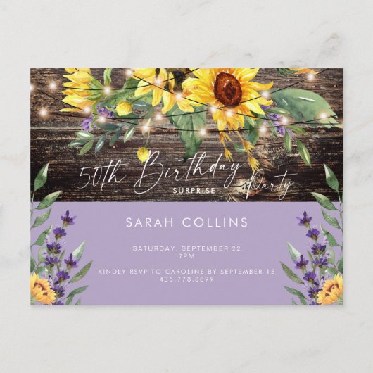 Rustikale 50. Geburtstagsüberraschung Sonnenblume Einladungspostkarte (Vorderseite)
