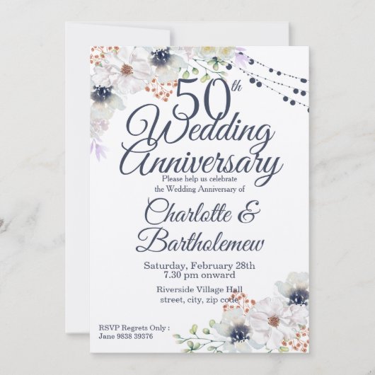 Rustikale 50. Hochzeitstag florale Kraft Einladung (Vorderseite)