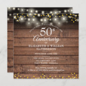 Rustikale 50-jährige Gold Hearts String Lights Einladung (Vorne/Hinten)