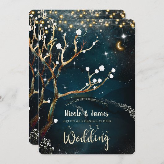 Rustikale Abend-Bäume entziehbare Lichter Hochzeit Einladung (Vorne/Hinten)