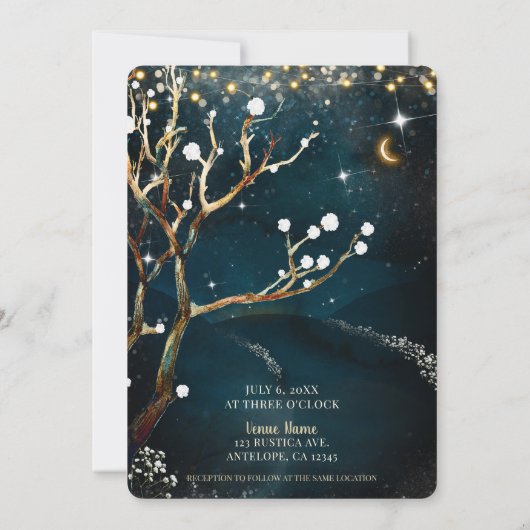 Rustikale Abend-Bäume entziehbare Lichter Hochzeit Einladung (Rückseite)