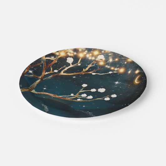 Rustikale Abend Tree Lights Starry Night Wedding Pappteller (Schrägansicht)