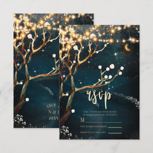 Rustikale Abend Tree Lights Starry Night Wedding RSVP Karte (Vorne/Hinten)