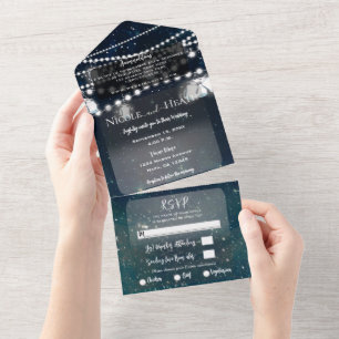 Rustikale Abendhimmel-Mason-Glas-Lichter Hochzeit  All In One Einladung