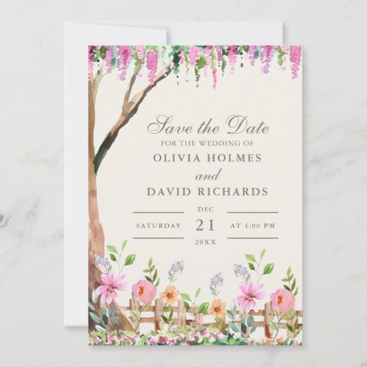 Rustikale Akazie mit Wildblumen Save the Date Kart Einladung (Vorderseite)