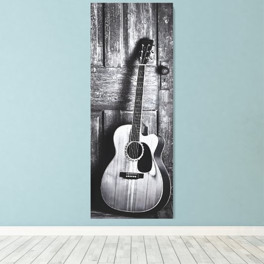 Rustikale akustische Gitarre in Schwarz und Weiß Leinwanddruck (Insitu (Holzboden))