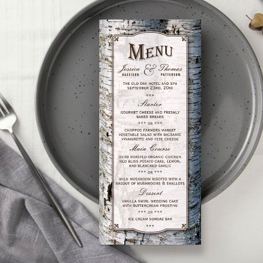 Rustikale Alber Birch Tree Wedding Menu Cards Werbekarte
