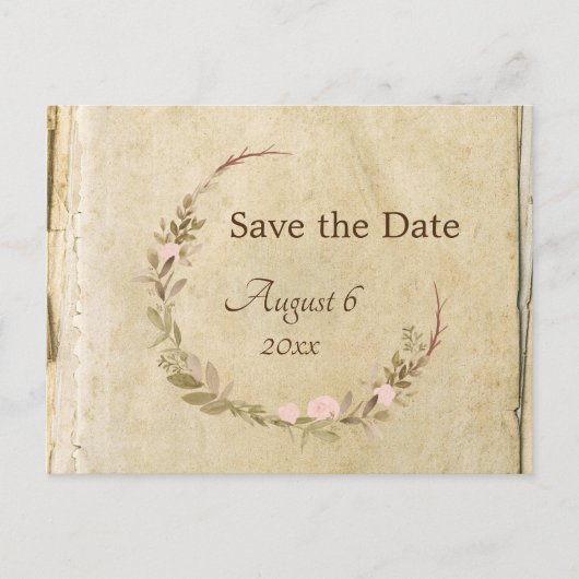 Rustikale Alt-Papier-Hochzeit Save the Date Ankündigungspostkarte (Vorderseite)