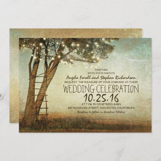 Rustikale alte Baum- & Streichellichter Hochzeitse Einladung (Vorne/Hinten)