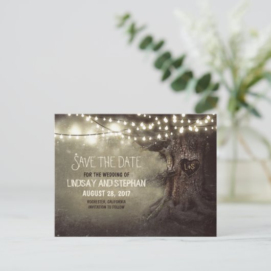 rustikale, alte Baumkarten Save the Date Ankündigungspostkarte (Stehend Vorderseite)