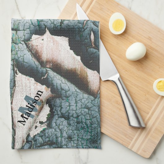 Rustikale alte blaugrüne Farbe Holz Custom Monogra Geschirrtuch (Viertel Falte)