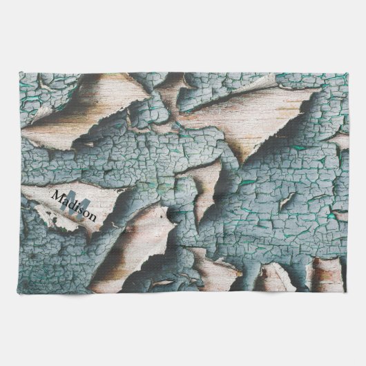 Rustikale alte blaugrüne Farbe Holz Custom Monogra Geschirrtuch (Horizontal)