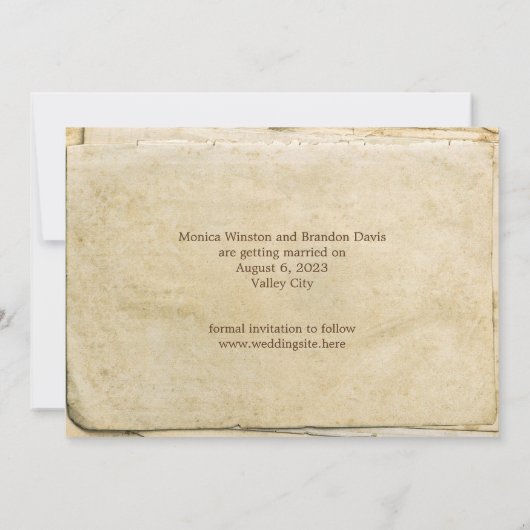 Rustikale alte Papierkarte Save the Date (Rückseite)