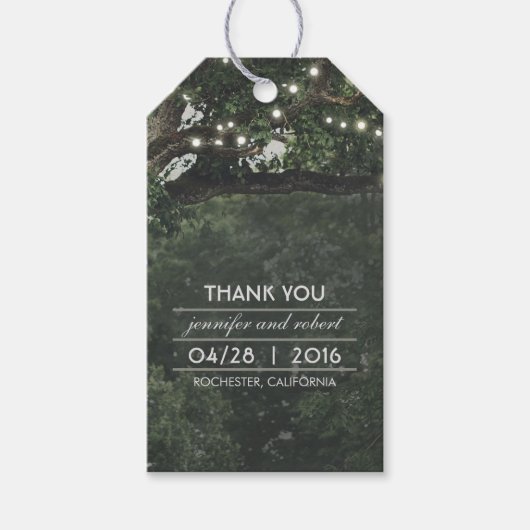 Rustikale, alte Tree String Lights Hochzeit Vielen Geschenkanhänger (Vorderseite)