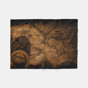 Rustikale alte Weltkarte und Kompass Fleecedecke