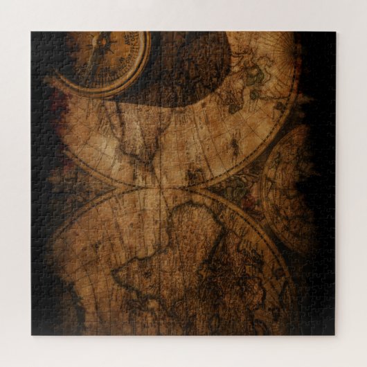 Rustikale Alte Weltkarte und Kompass Puzzle (Horizontal)