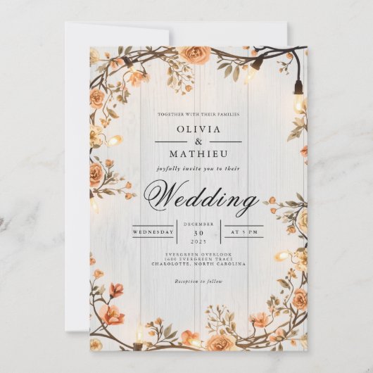 Rustikale Amber Floral String Lights Hochzeit Einladung (Vorderseite)