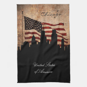 Rustikale amerikanische Flagge Chicago Skyline Geschirrtuch