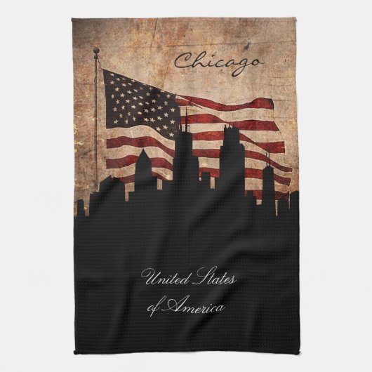 Rustikale amerikanische Flagge Chicago Skyline Geschirrtuch (Vertikal)