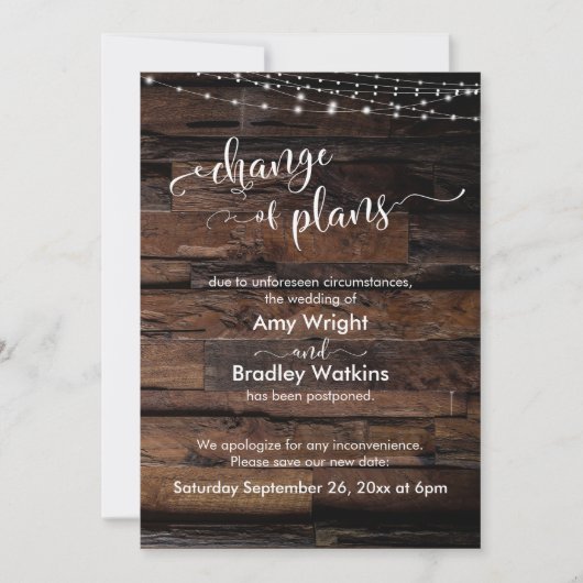 Rustikale Änderung von Plänen verzögert Hochzeitsk Einladung (Vorderseite)