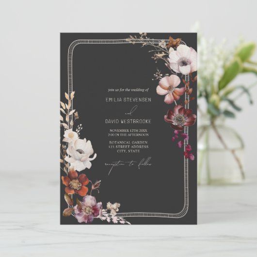 Rustikale Anemone Hand Drawn Border Floral Wedding Einladung (Stehend Vorderseite)