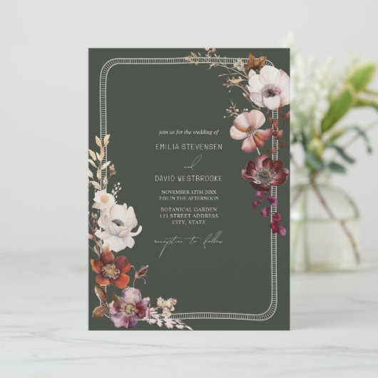 Rustikale Anemone Hand Drawn Border Green Wedding Einladung (Stehend Vorderseite)