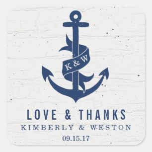 Rustikale Anker-Hochzeitsaufkleber / Navy Quadratischer Aufkleber