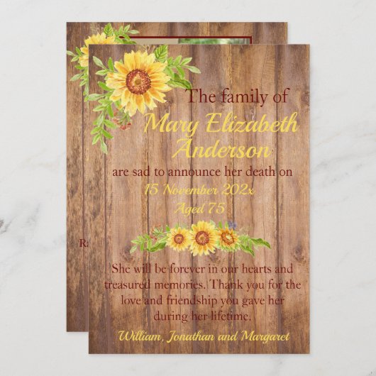 Rustikale Ankündigung von Tod und Beerdigung (Vorne/Hinten)