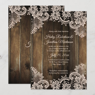 Rustikale Antik-Spitze und Scheunenholz-Hochzeit Einladung