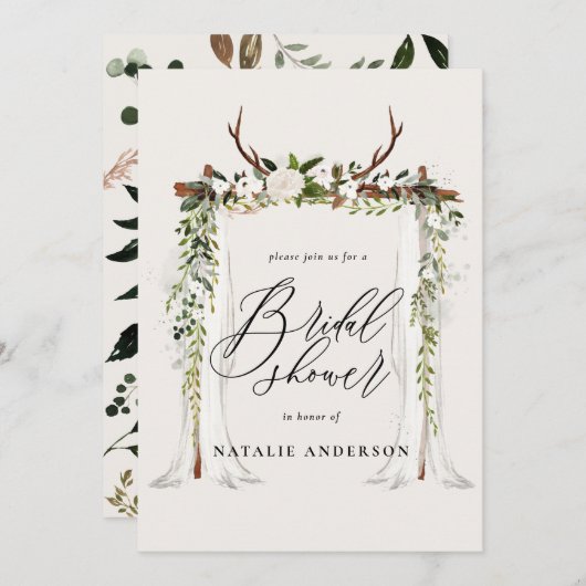 Rustikale antler and foliobasierte Brautdusche Ein Save The Date (Vorne/Hinten)