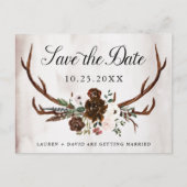 Rustikale Antler Burgund Pink Floral Save the Date Ankündigungspostkarte (Vorderseite)