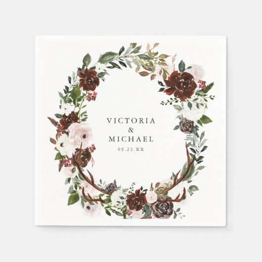 Rustikale Antler Country Boho Floral Monogram Serviette (Vorderseite)