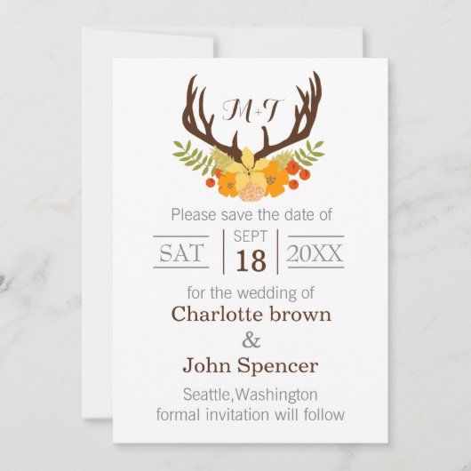 Rustikale Antler Deer Floral Woodland Hochzeit Save The Date (Vorderseite)