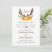 Rustikale Antler Deer Floral Woodland Hochzeit Save The Date (Stehend Vorderseite)