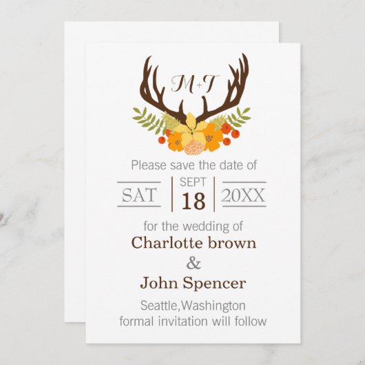 Rustikale Antler Deer Floral Woodland Hochzeit Save The Date (Vorne/Hinten)