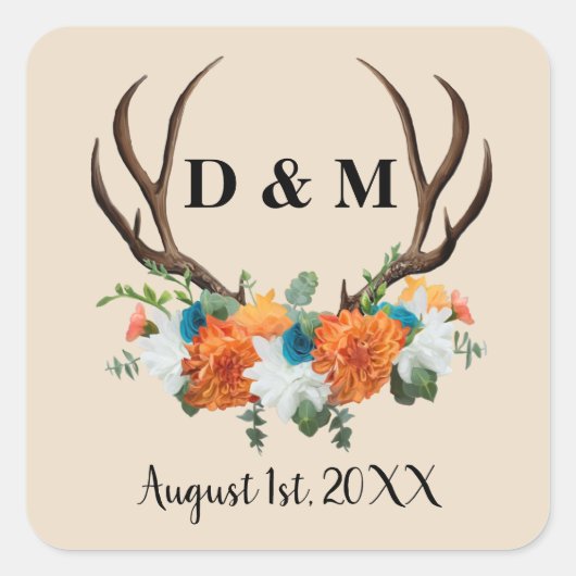 Rustikale Antler Floral Wedding Save the Date Quadratischer Aufkleber (Vorderseite)