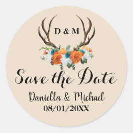 Rustikale Antler Floral Wedding Save the Date Runder Aufkleber