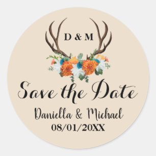 Rustikale Antler Floral Wedding Save the Date Runder Aufkleber