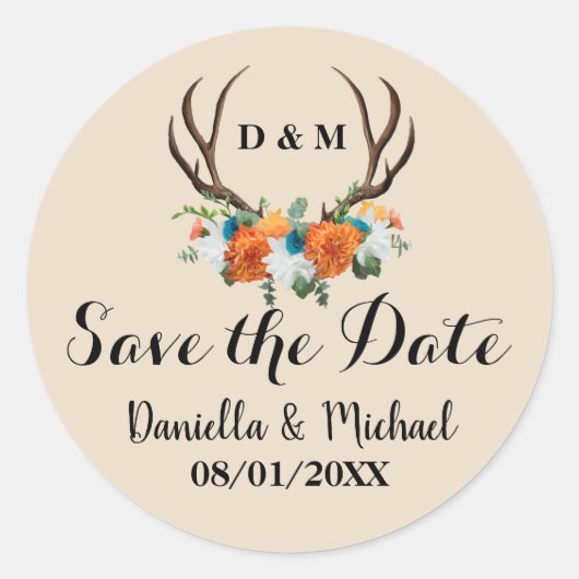 Rustikale Antler Floral Wedding Save the Date Runder Aufkleber (Vorderseite)
