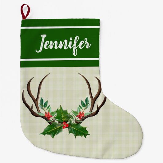Rustikale Antler Grüne Heilige und Rote Berries Großer Weihnachtsstrumpf (Vorderseite)