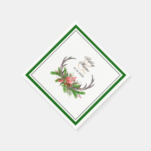 Rustikale Antler und Kardinal mit dunkelgrüner Gre Serviette (Ecke)