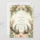 Rustikale Antler Woodland Floral Wedding Save The Date (Vorderseite)