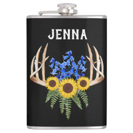 Rustikale Antlers Bluebells und Sonnenblumen Flachmann