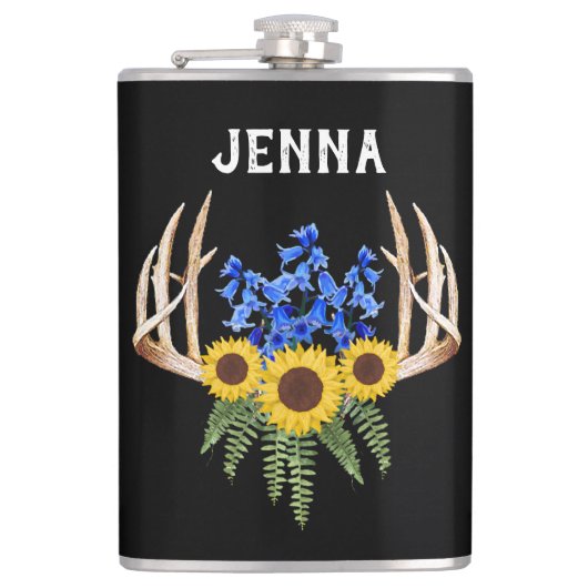 Rustikale Antlers Bluebells und Sonnenblumen Flachmann (Vorderseite)