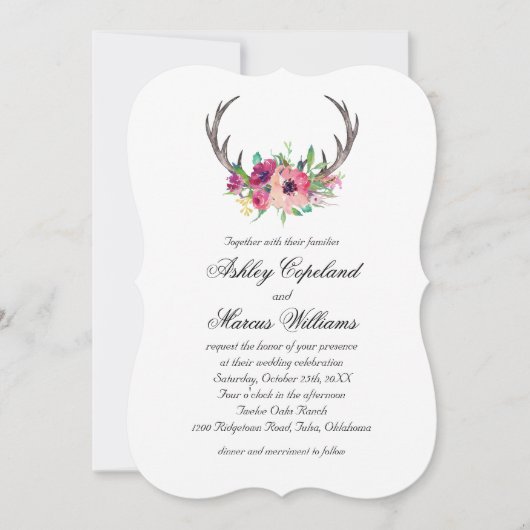 Rustikale Antlers Boho Floral Allure Wedding Einladung (Vorderseite)