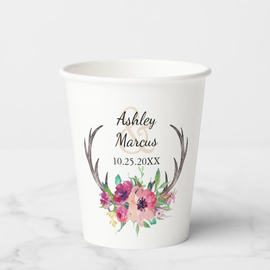 Rustikale Antlers Boho Floral Allure Wedding Pappbecher (Rückseite)