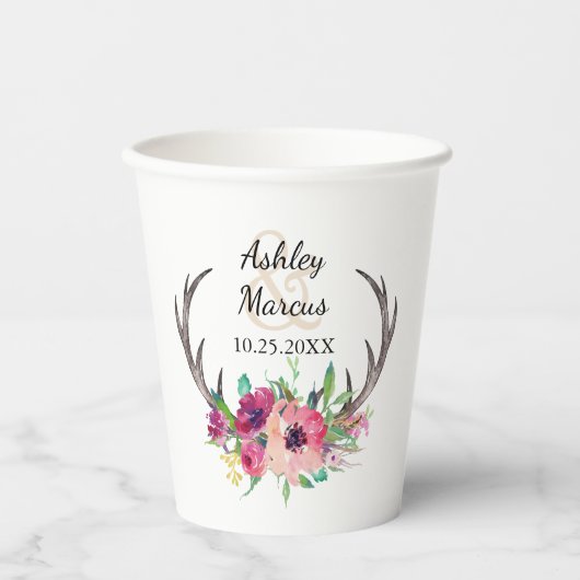 Rustikale Antlers Boho Floral Allure Wedding Pappbecher (Vorderseite)